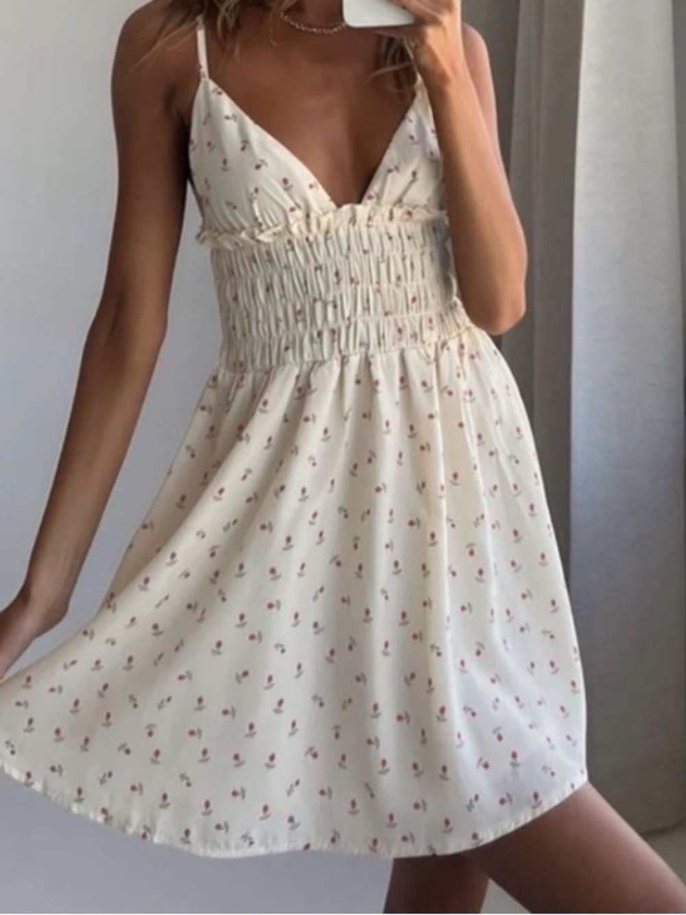Princess Polly' Cream Floral Shirred Sundress - Red Cherry Print - Roza mini